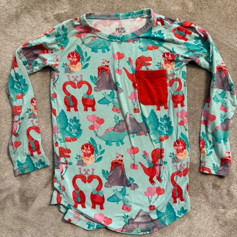 Birdie Bean Kids 4T Bamboo Pajama Set Valentines Dinosaur Blue Red Long Sleeve